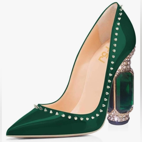 Emerald Chunky Heels w/Emerald Crystals, Gold Detailing, & Olive Rivets, EUC - Picture 1 of 13